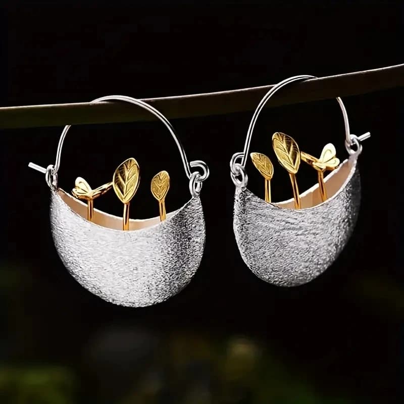 Vintage Silvery Flower Pot Shape Hoop Earrings Women's Gorgeous Butterfly Drop Earrings Jewelry