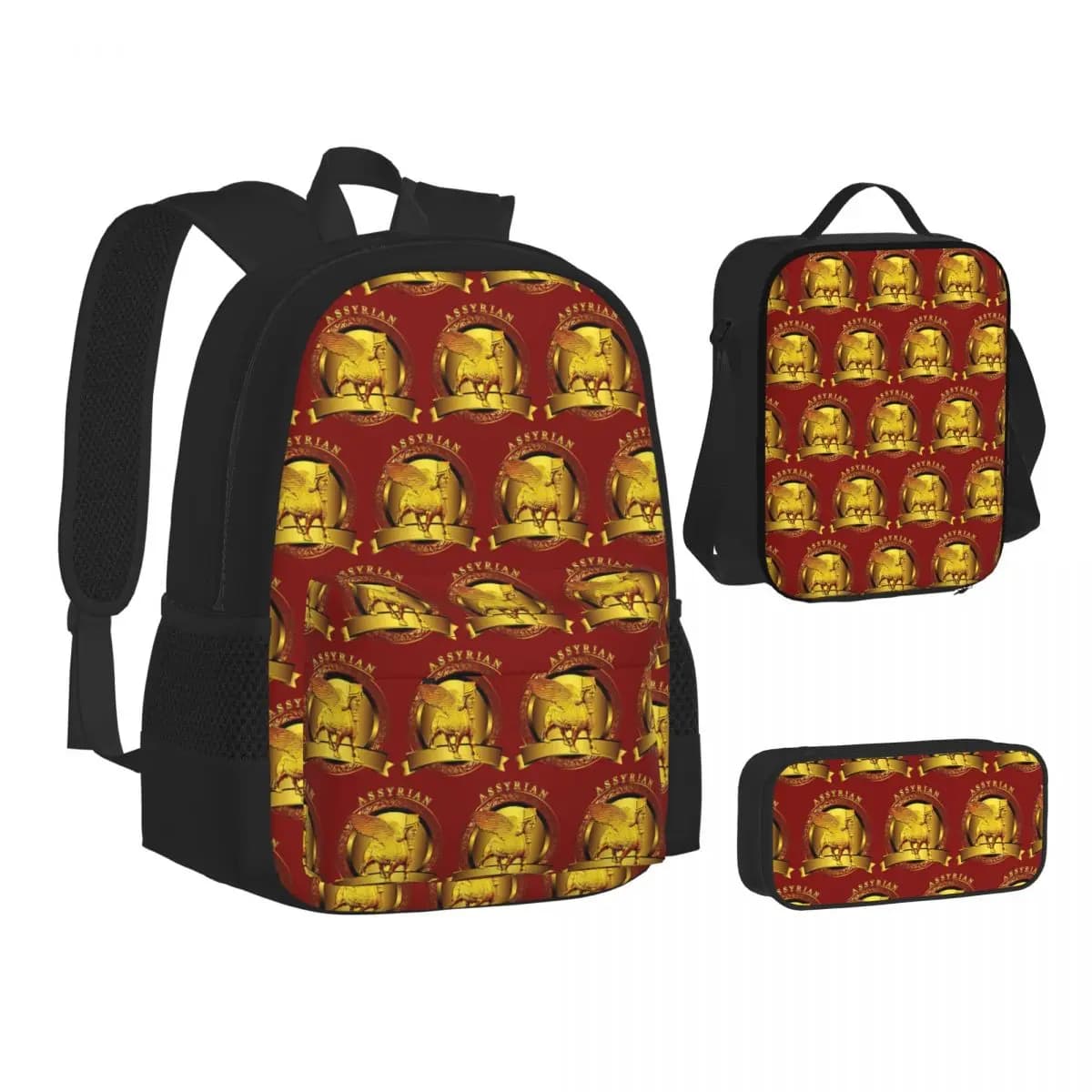 Zaini di lusso con bandiera assiriana Suryoyo, zaino per ragazzi e ragazze, borse da scuola per bambini, zaino per bambini, borsa per il pranzo, borsa per penne, set da tre pezzi