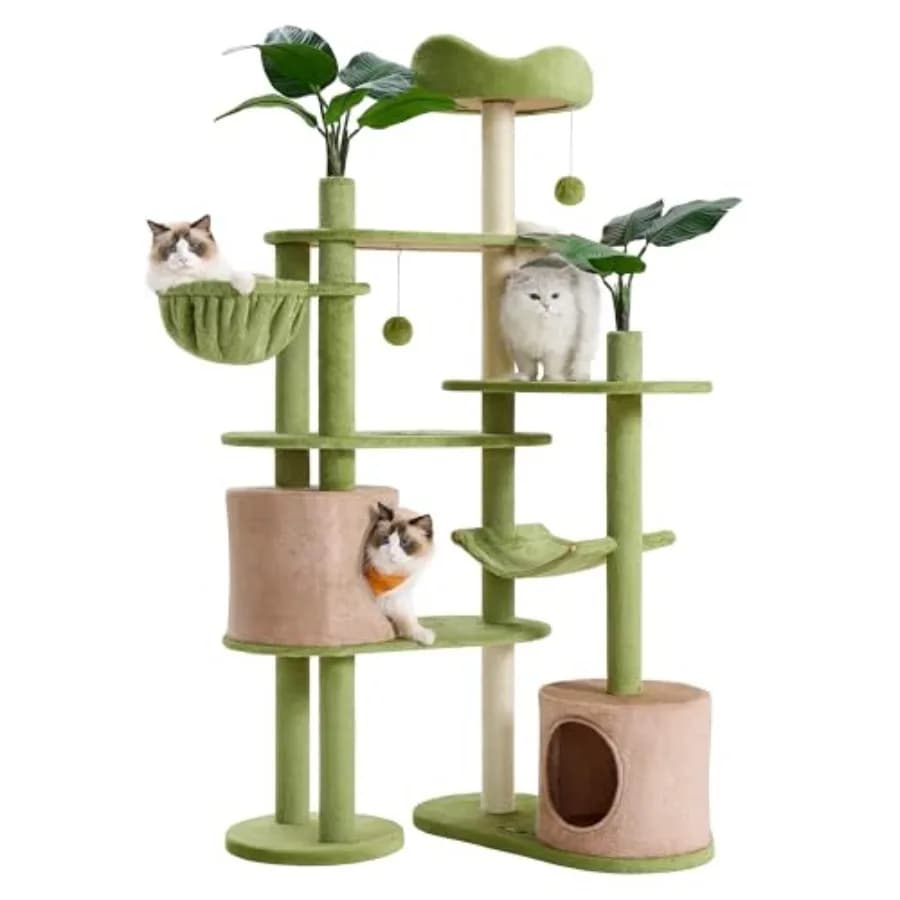 Albero per Gatti Alto 173 cm, Torre Multilivello con Cuccia in Peluche, Foglie Artificiali, 3 Tiragraffi, 2 Pompon con Campanelli e Erba