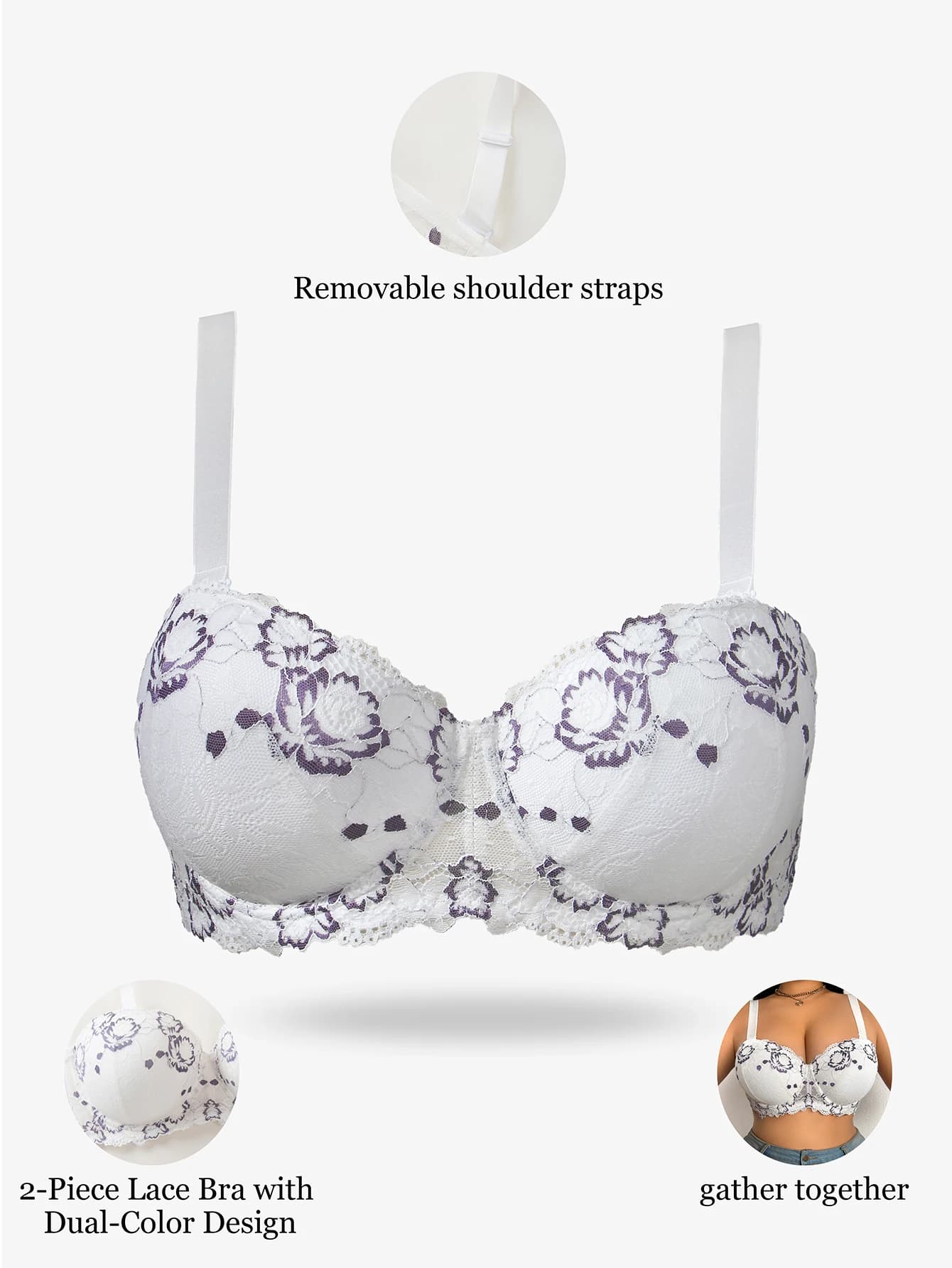 Reggiseno Plus Size in Pizzo e Ricamo da Donna con Spalline Larghe, Ferretto e Supporto Laterale, Push-Up, Coppe Sottili, Lingerie Contenitiva per Donna