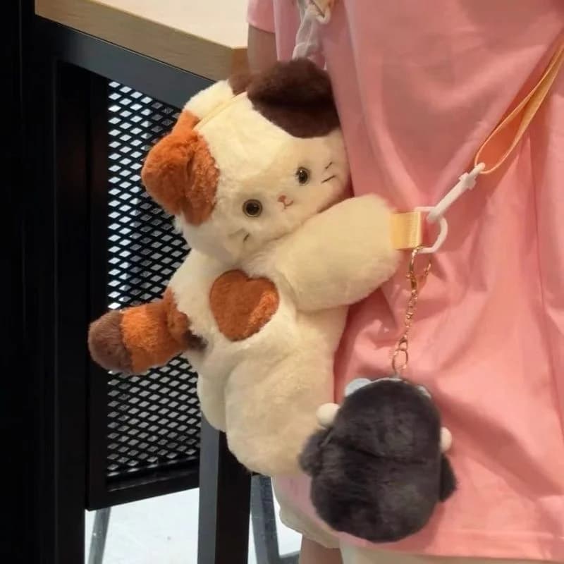 Cute Plush Animal Crossbody Bag, Fluffy Calico Cat & Hug Bear Doll Shoulder Purse, Kawaii Cartoon Stuffed Toy Handbag For Girls