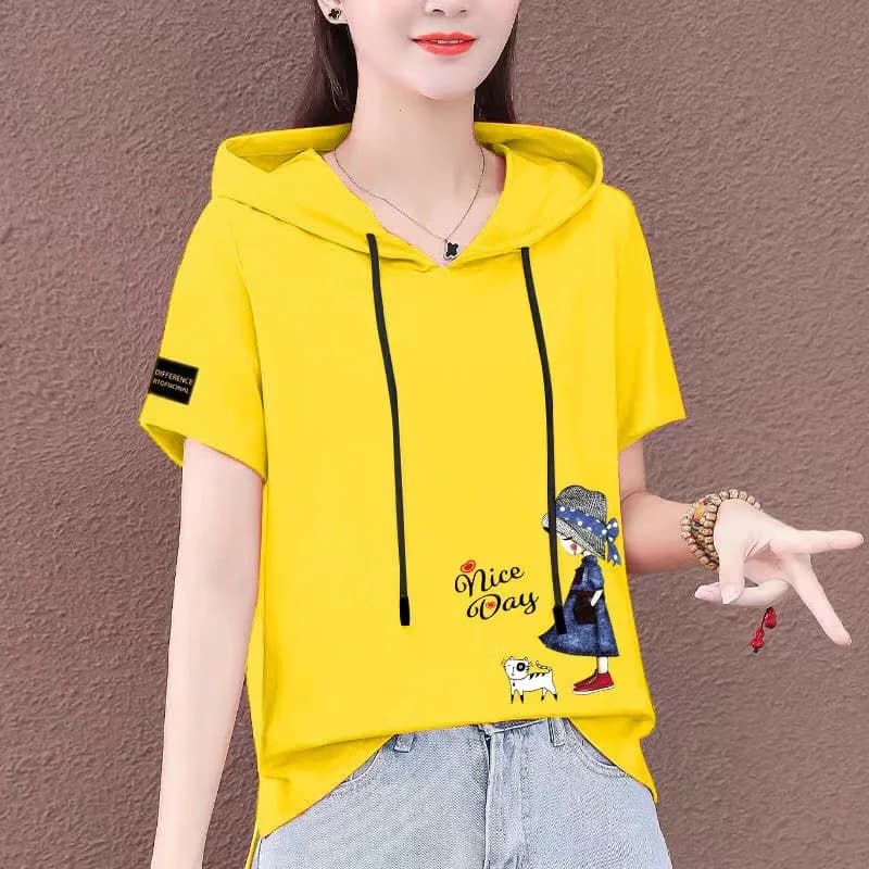 100% Pure Cotton Short Sleeve Hoodie Women Summer Thin Black Base Shirt Slimming Color T-Shirt Top Korean Style Casual ...
