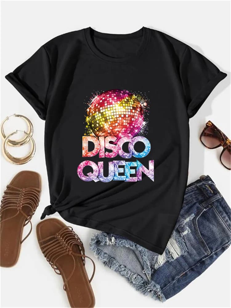 Women's Crew Neck T-Shirt, Retro Style 70s Disco Queen Theme, Casual and Comfortable Summer Style 2026 Summer Streetwear Y2K Top