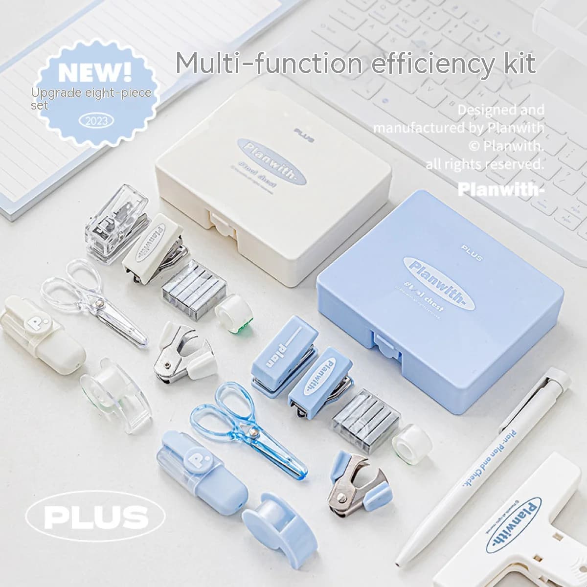 Set di cancelleria Kawaii, cucitrice, forbici, nastro adesivo, pennarello, punzonatrice, rimozione unghie, set di efficienza per ufficio scolastico, scatola da 8 pezzi