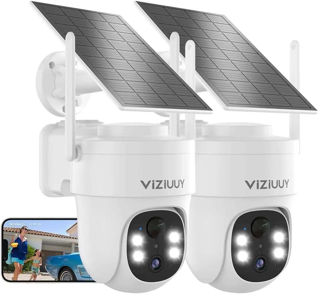 Telecamera di Sicurezza Solare Wireless, Confezione da 2, 3MP Pan Tilt 360° ° con visione notturna e Alexa