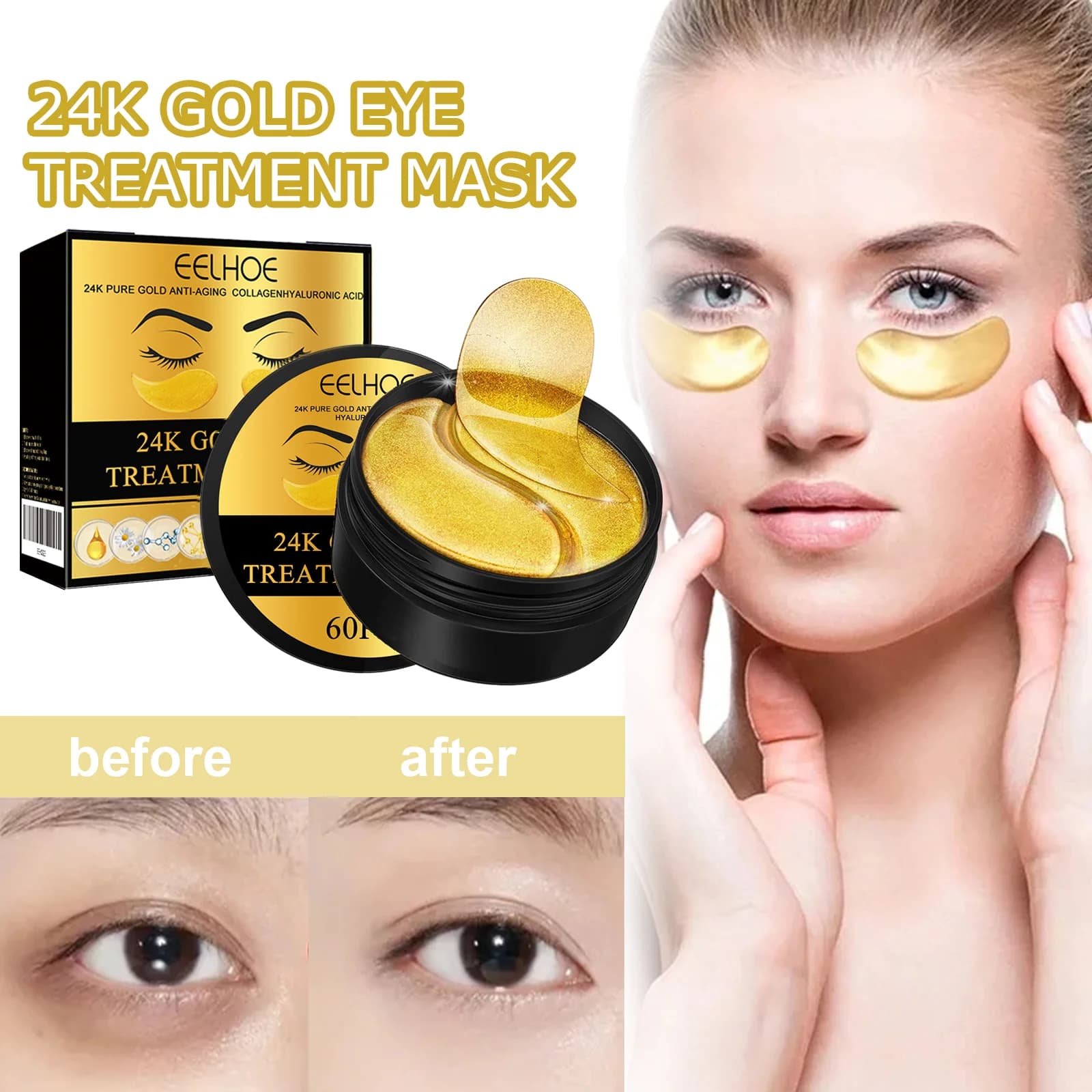 EELHOE 24K Oro Maschera per gli occhi Anti Scuro Idratante Sotto gli occhi Cuscinetti in gel Rivitalizzante Rassodante Trattamento per la cura degli occhi per le linee sottili
