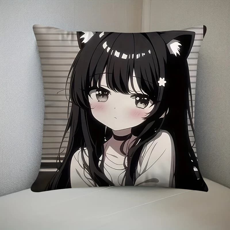 1 pz Federa per Cuscino Kawaii Anime Cat Girl, Stampa 2D Fronte-Retro in Poliestere, Design Neko con Pelo Nero Morbido, Accento Estetico Anime