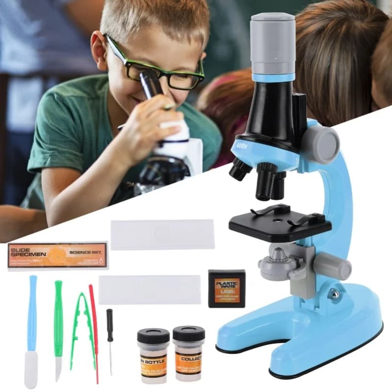 Microscopio biologico monoculare in plastica ad alta definizione 40X-1200X per bambini, colore blu
