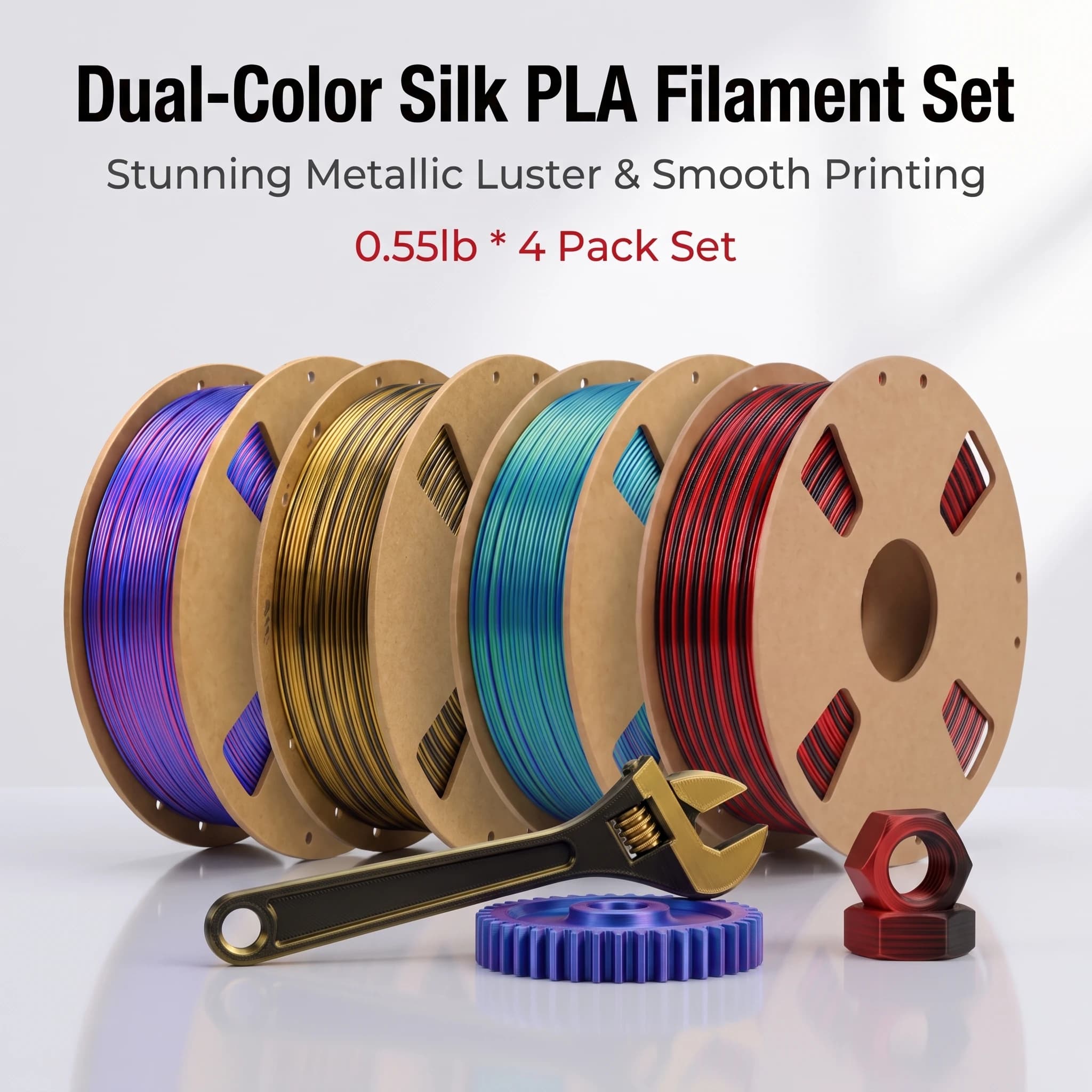 Dual‑Color Silk PLA Filament 1.75mm, ±0.02mm Accuracy, 200g/250g/500g/1000g, Black‑Gold/Black‑Red/Blue‑Red/Blue‑Green