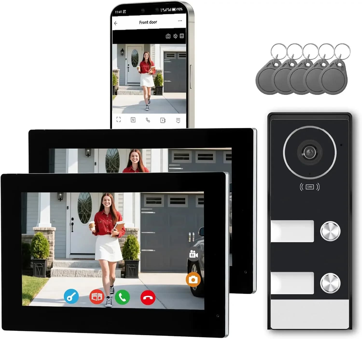 Videocitofono Smart per Casa con Due Schermi Touch da 7 Pollici, App, RFID, Sblocco Remoto, Audio Bidirezionale, Visione Notturna, Wi-Fi