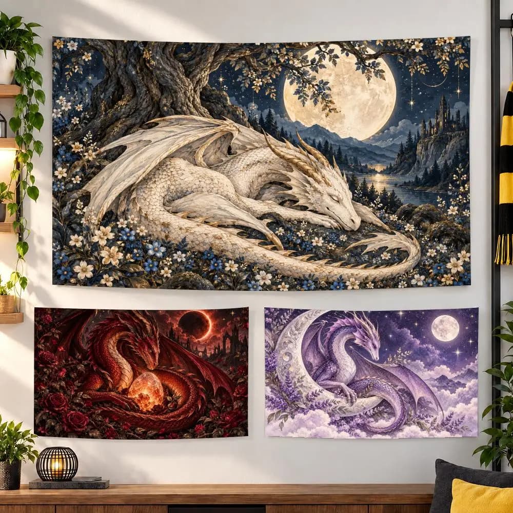 Sleepy Dragon Enchanted Forest Tapestry Durable Soft Microfiber Horizontal Wall Hanging Decor For Bedroom Patio Garden Parties