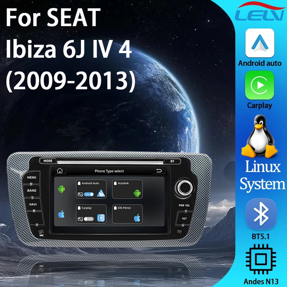 LELV 7''Linux System Stereo Car Radio Multimedia for Seat Ibiza 6J IV4 2009-2013 with CarPlay Android Auto BT5 GPS NAV Head Unit