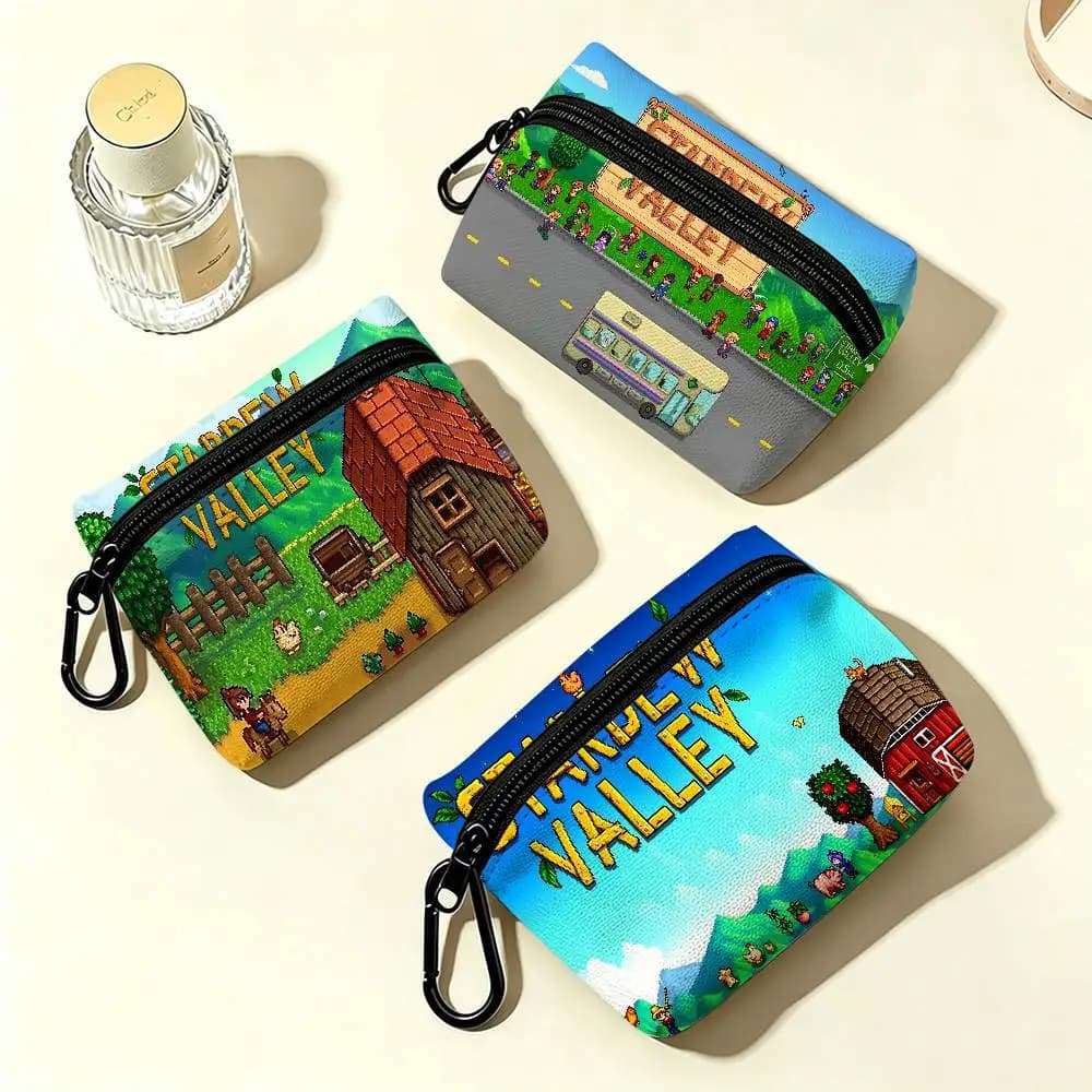Game Stardew Valley Portable Mini Oxford Cloth Coin Purse With Carabiner Hook Zipper Key Card Earphone Storage Wallet