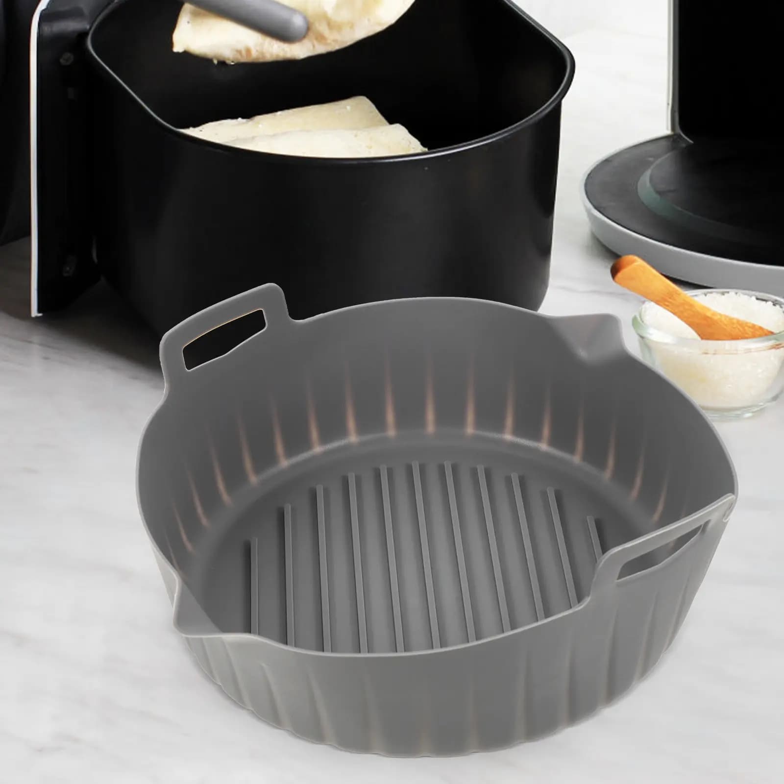 Air Fryer Silicone Pot Round Non-Stick Heat-Resistant Silicone Liner Compatible Handles Baking Roasting Frying Reusable Washable