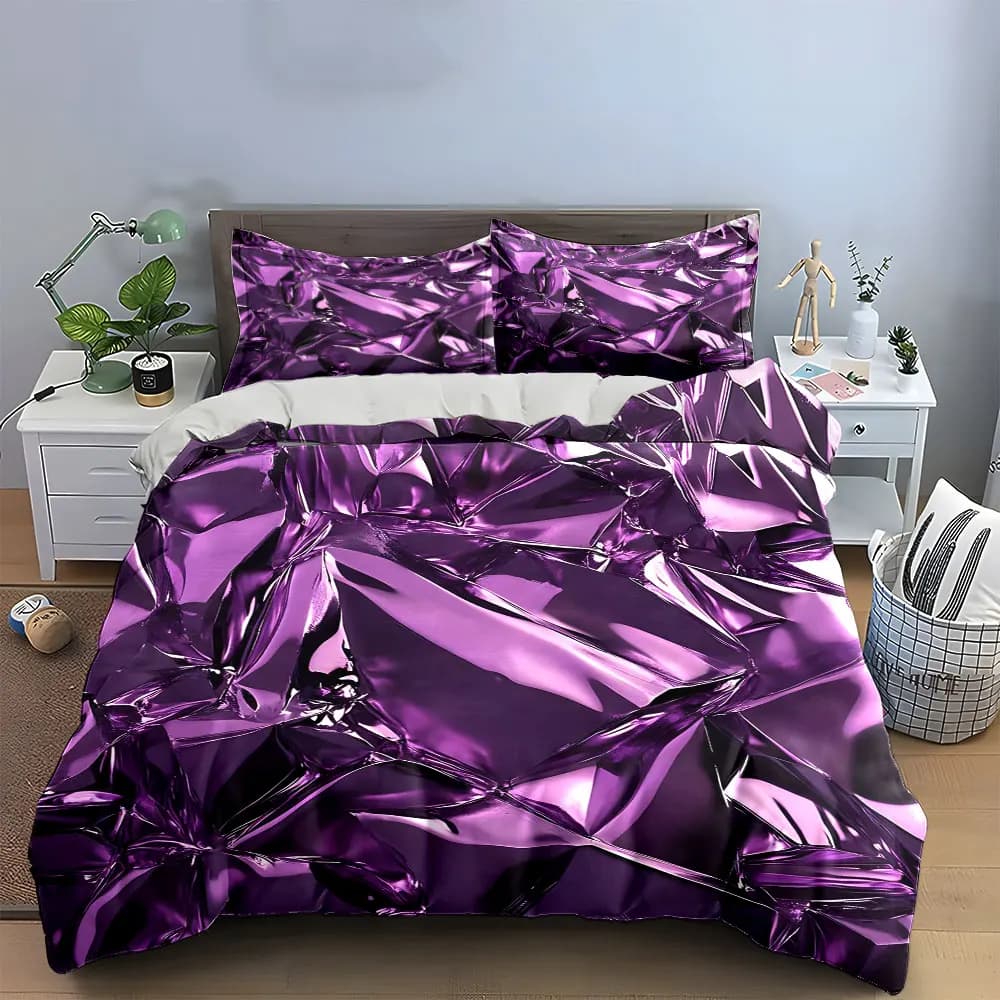 Set di Biancheria da Letto in Lamina Metallizzata Viola, 3 Pezzi, Copripiumino con Stampa Effetto Stropicciato + 2 Federe, Arredo di Lusso