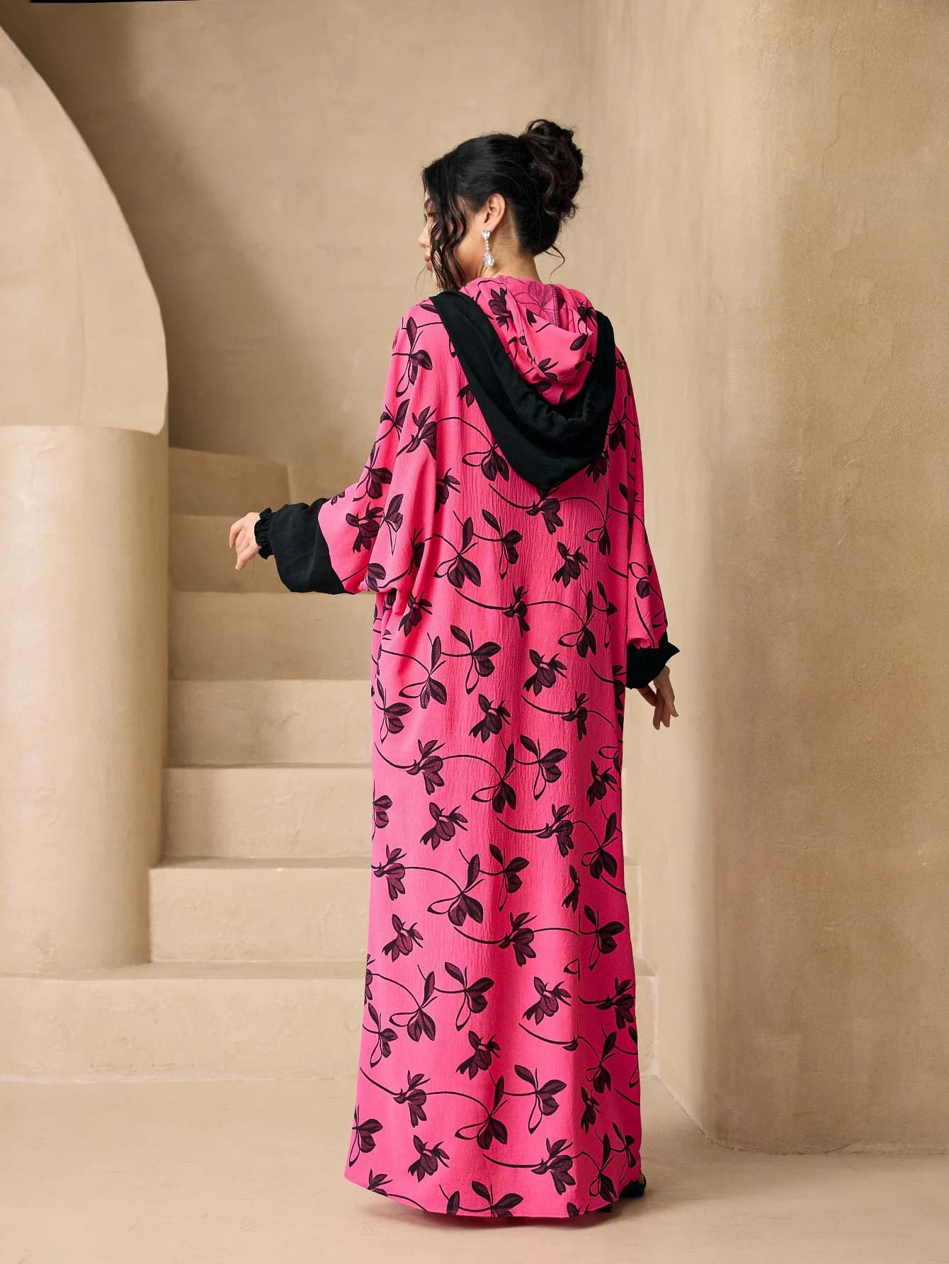 Vintage Floral Hooded Abaya 3Pcs Set Hijab Belt, Contrast Black Cuff Loose Modest Maxi Gown Muslim Ladies Eid Party Outfit