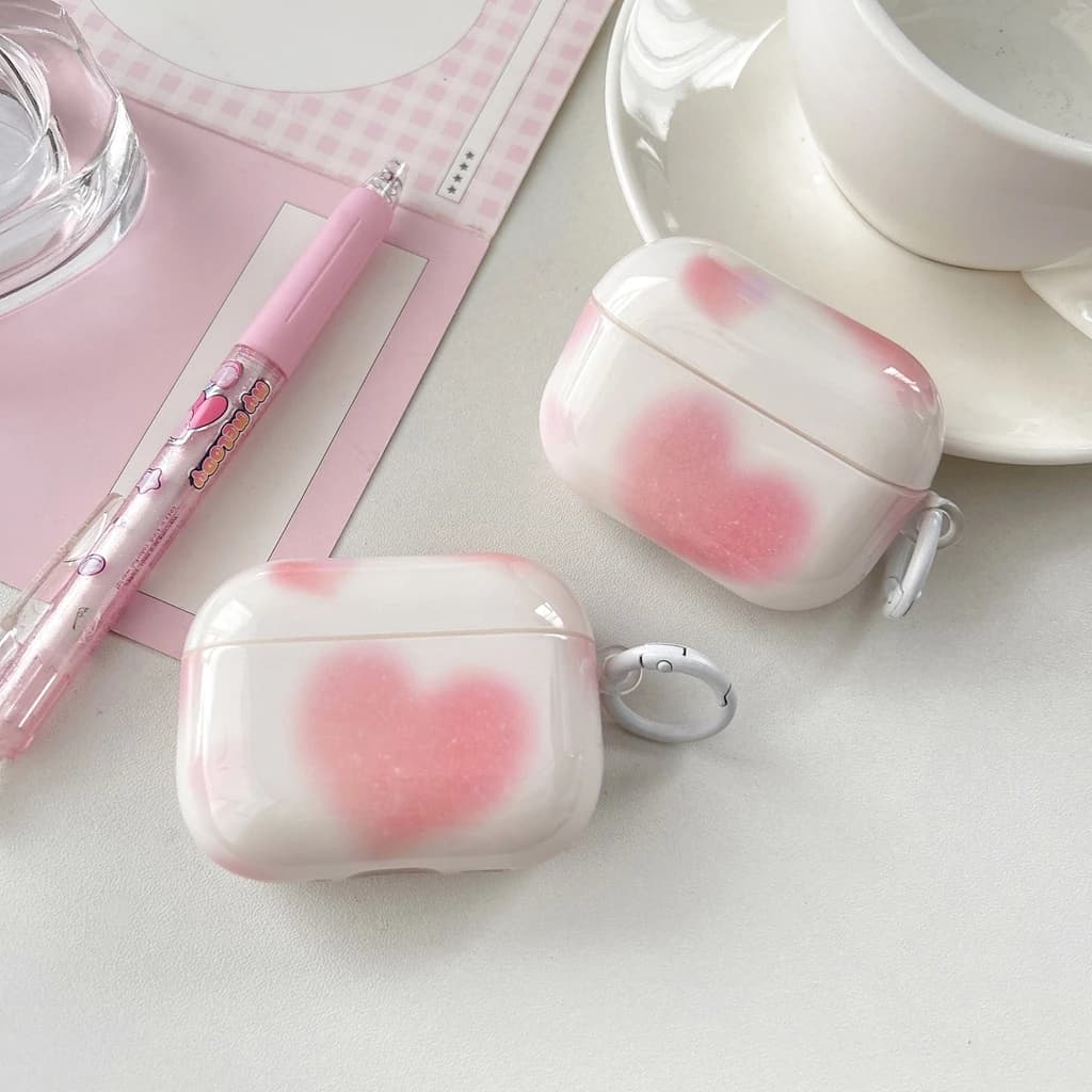 Custodia Protettiva Antiurto per Auricolari Stile Coreano con Cuore Rosa Sfumato e Gancio per AirPods 1 o 2 3 4 Pro 2 Pro 3