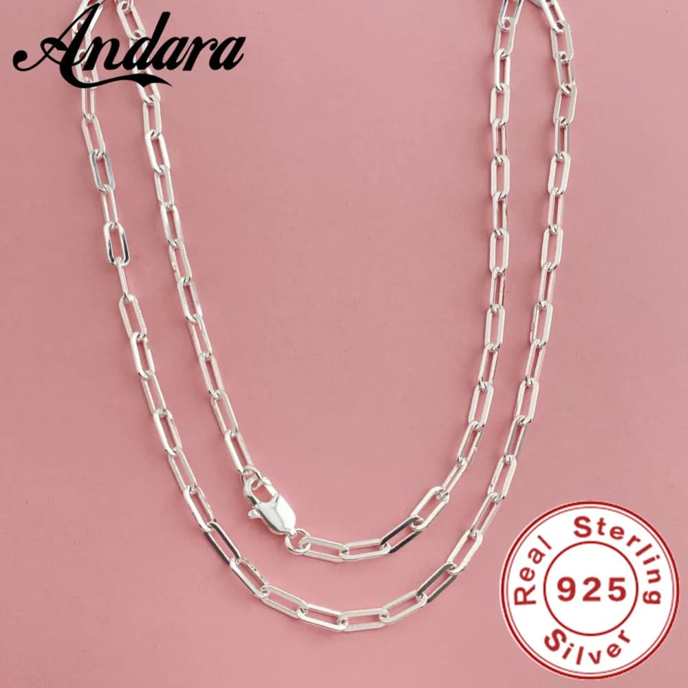 Andara 45-60cm Wholesale 925 Sterling Silver 3mm Wide Paper Clip Necklace for Boys Girls Women Fine Jewelry Wedding Party