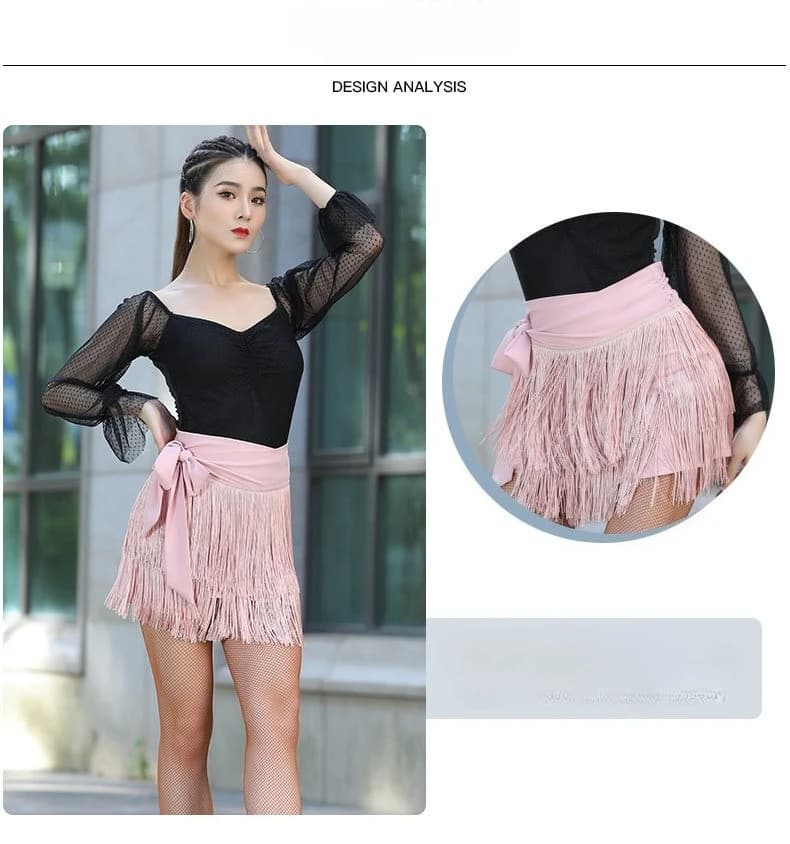Gonne da ballo latino da donna Pratica di performance Abito per adulti Gonna con frange a doppio strato Salone corto Tango Chacha Dancewear