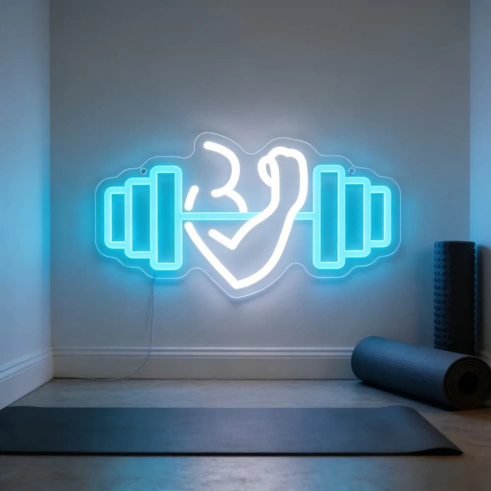 Teaches at Neon LED Bicep Dumbbell, Wall Art for Home Gym, Studio Yoga, Furniture Fitness Room, Lighting for Training with Quote Arabic Reliance God