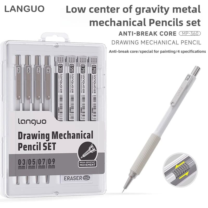 LANGUO Drawing Metal Mechanical Pencil Set 0.3/0.5/0.7/0.9mm With Eraser for Art Sketching Soft Grip School Office Stationery