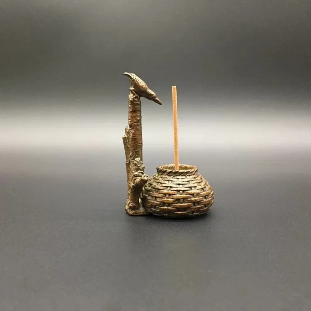 Solid Brass Bamboo Cage Incense Holder Stick Incense Bird Drinking Water Mini Tea Pet Desk Decor Gift