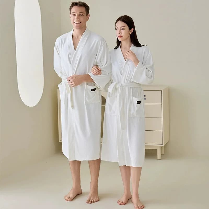 Solid White Women Men Couple Bathrobe Soft Quick Drying Absorbent Towel Fabric Sleepwear Home Hotel SPA Long Nightgown 3XL Size