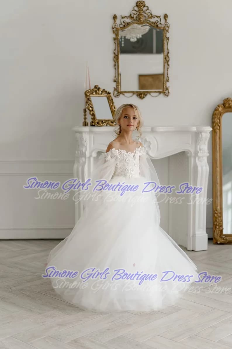 Abito da ragazza di fiori con applicazioni in pizzo, tulle, senza maniche, lunghezza fino al pavimento, senza schienale, prima comunione, soffici abiti da festa, performance per pianoforte