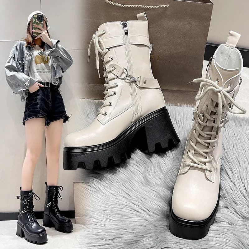 Di grandi Dimensioni 35-42 delle Donne Nuovo Fondo Morbido Stivali Da Moto Delle Donne Della Piattaforma Cavaliere Stivali Corti Lace-up Moda Stivaletti Botas Mujer