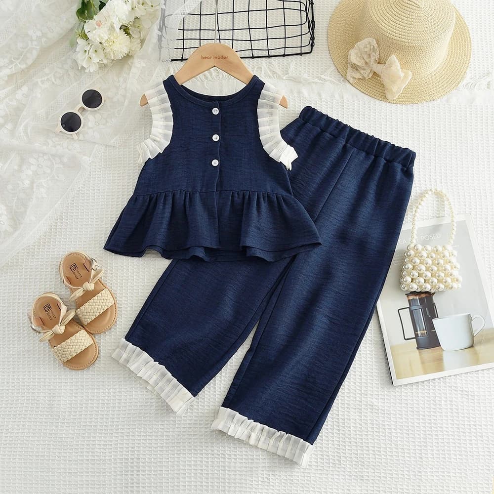 Estate Nuovo Blu Imitazione Denim Vestito Patchwork di Pizzo T-shirt Senza Maniche Top + Pantaloni a Gamba Larga Due Pezzi 3-10 Anni Bambini Ragazza Set