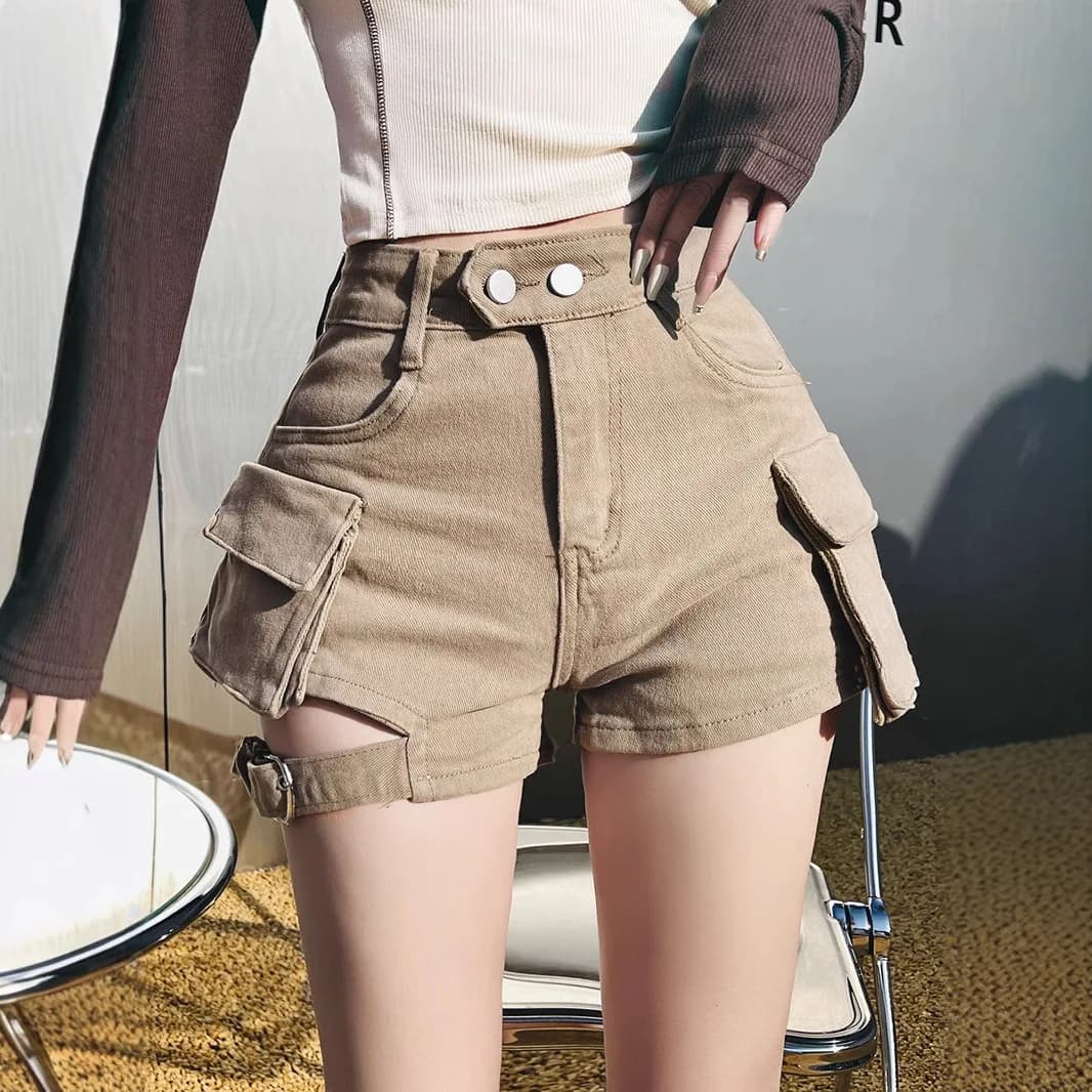 Khaki Workwear Denim Shorts Women's High Waist Belted Design Spring Casual Outerwear Small Size Heat Resistant Wide Leg Pants