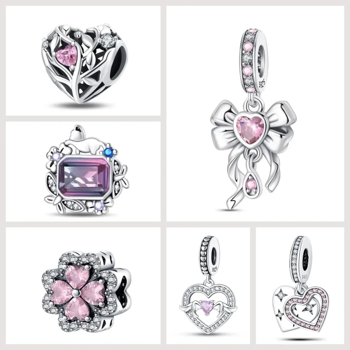 2025 Valentine’s Day Pink Zircon Four-leaf Clover Charm Fit DIY 925Sterling Silver Bracelet Boutique Jewelry Gift for Girlfriend