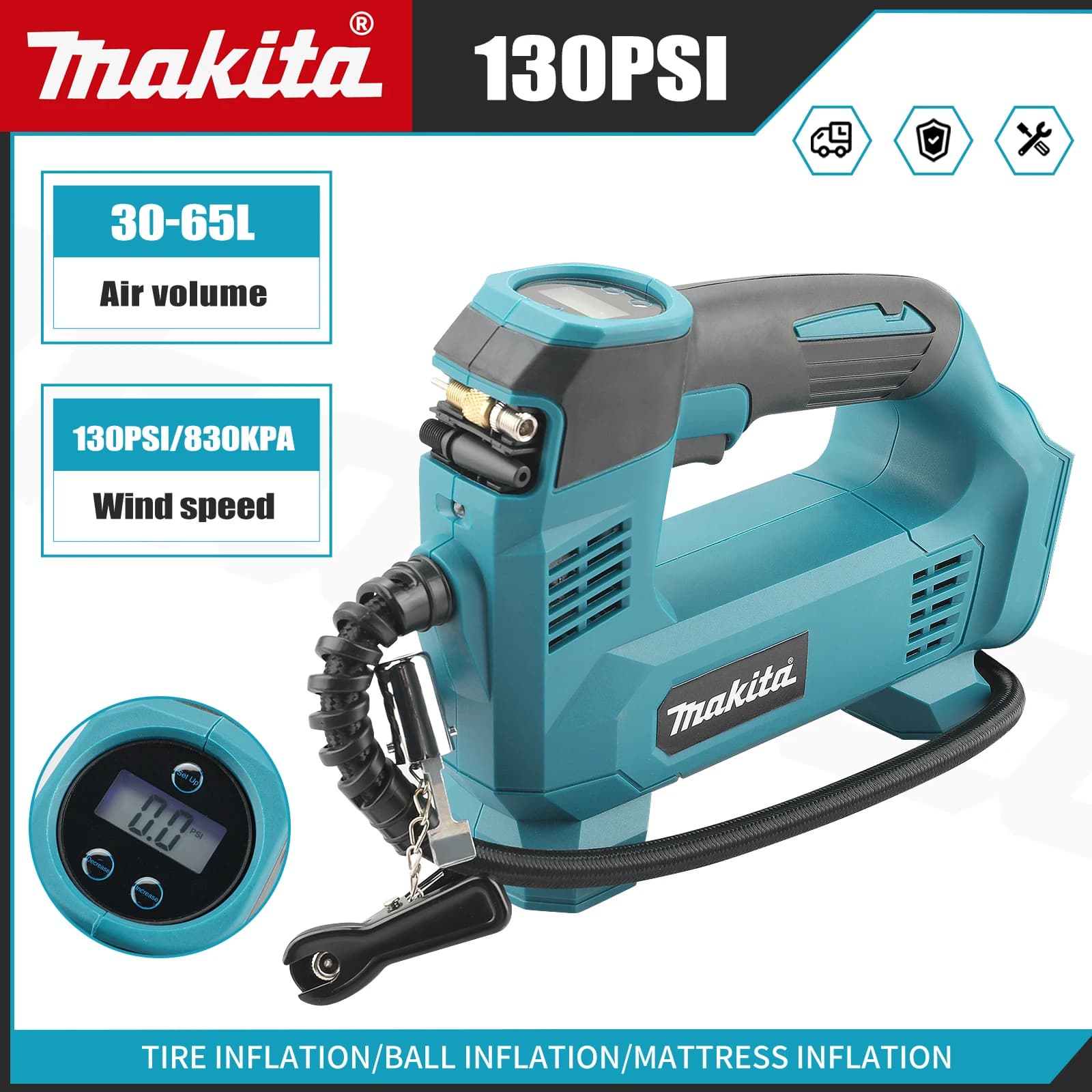 Makita 21V 180PSI Mini compressore d'aria Gonfiatore per pneumatici per carichi pesanti con luce a LED Pompa di aria elettrica per auto Pompa gonfiabile automatica