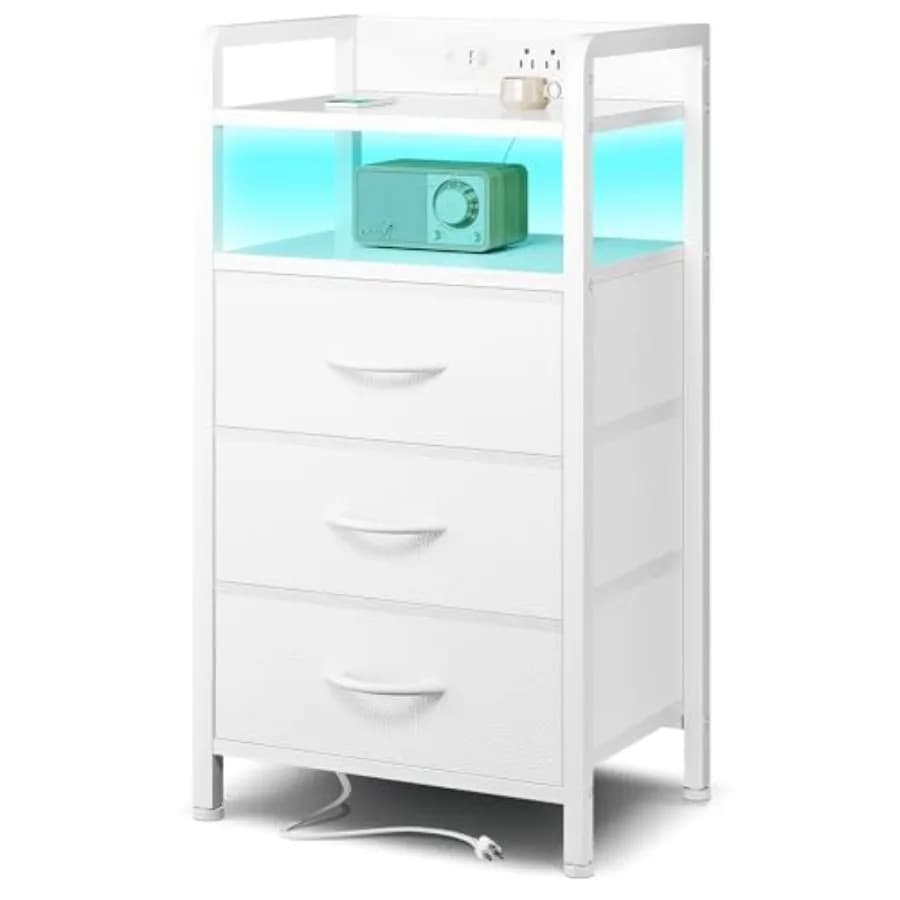 Comodino con Caricatore Integrato per Camera da Letto - Tavolino da Notte con Stazione di Ricarica, Luce LED e Porta USB