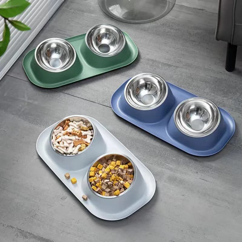 Ciotola per cani doppia per gatti in acciaio inossidabile Contenitore per alimenti per gatti Base antiscivolo in plastica Alimentatore per acqua per animali domestici Inclinazione Salvaguardia Collo Ciotola per gatti per cuccioli