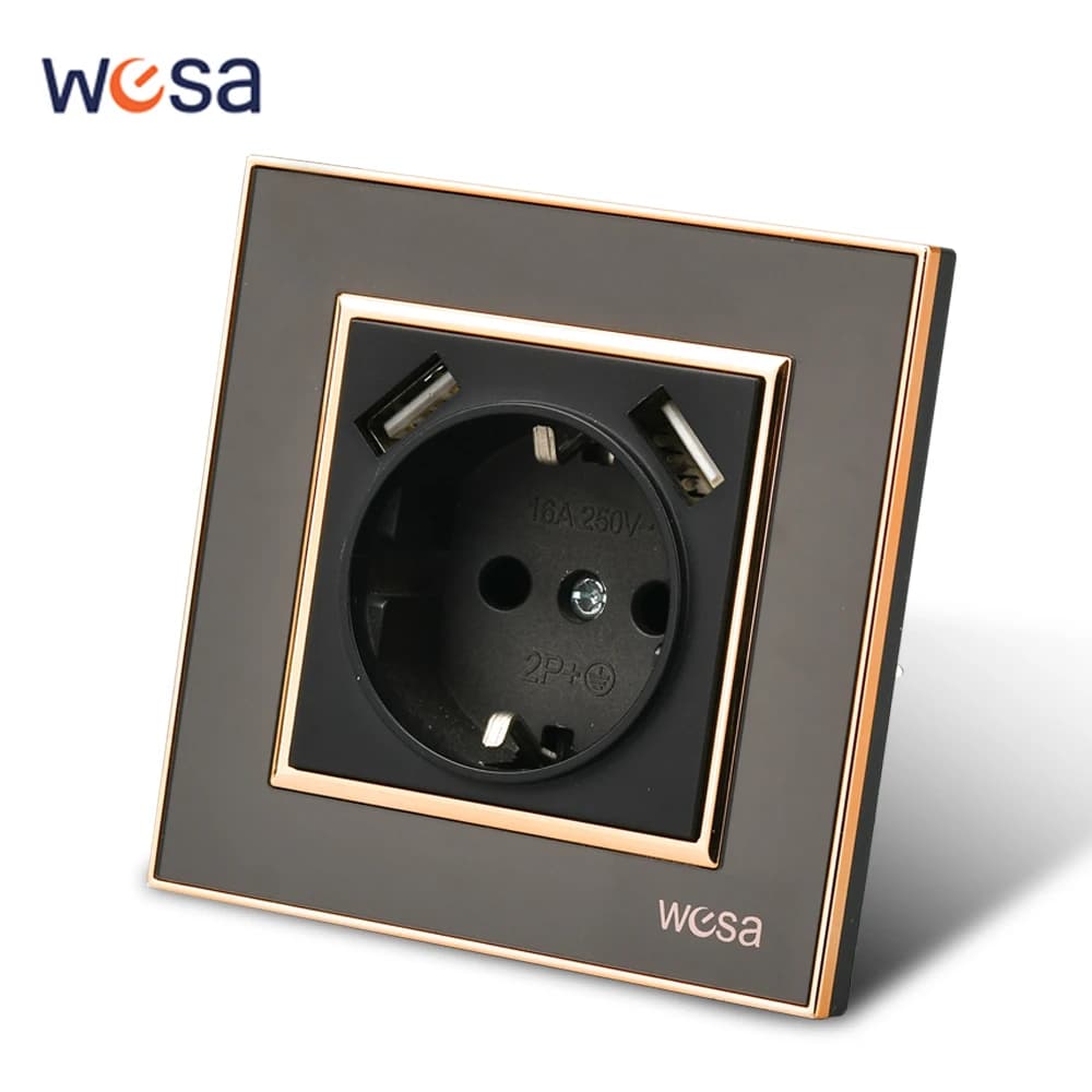 WESA Presa di corrente in acrilico a specchio nero con 2 prese elettriche standard UE USB Presa di terra standard Presa a muro Ritardante di fiamma