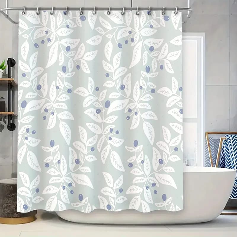 Tenda da doccia floreale bianca con bacche blu Arredamento bagno Tessuto impermeabile rimovibile per la decorazione domestica Verde chiaro Piccolo S