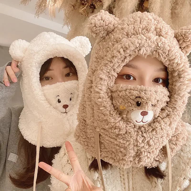 Winter hat from cartoon with mask Bear Lamb Hats for caps Hot thickened ears Skullies Berretti for woman Girl Kawaii