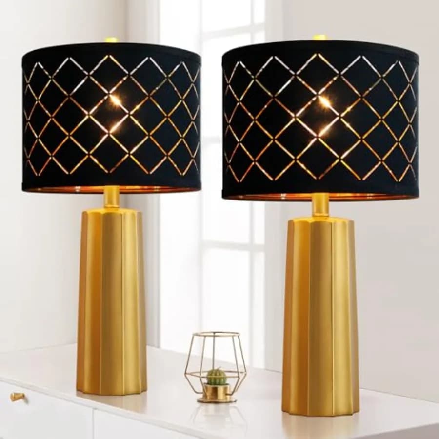 Set di 2 Lampade da Tavolo Moderne per Soggiorno e Camera da Letto, Lampade da Comodino in Resina con Paralume a Griglia Nera, Lampade da Scrivania Contemporanee per