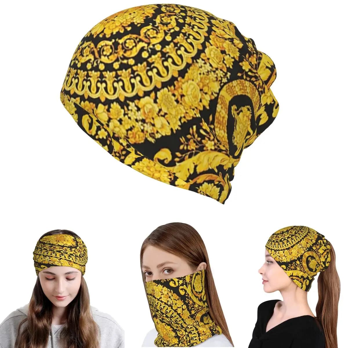 Decorative Golden Medallion Baroque Bandana Neck Cover Mask Scarf Multi-use Face Mask Beanies Hat for Men Women Adult Winter