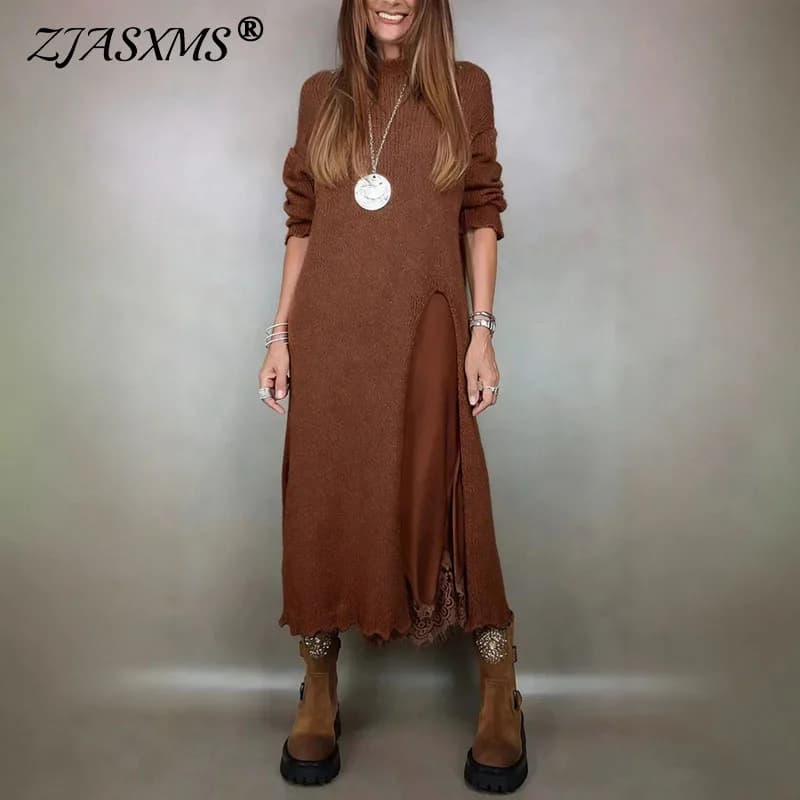 New Autumn Winter 2 Piece Set Women Casual Solid Split Knitted Sweater Long Dress Suit Sexy V Neck Patchwork Lace Casual Outfits