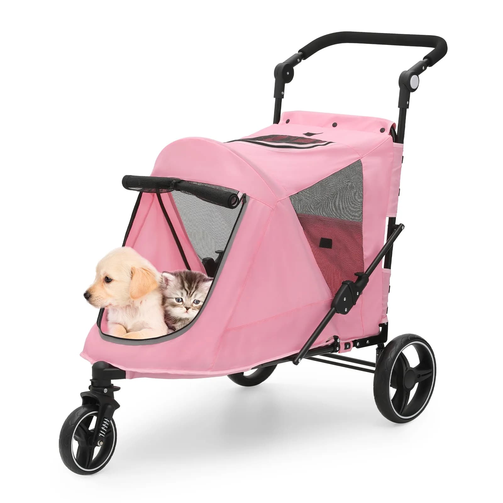 Passeggino Pieghevole Rosa per Cani, Carrello da Viaggio per Animali Domestici con Lucernario e Blocco Attivabile a Pedale