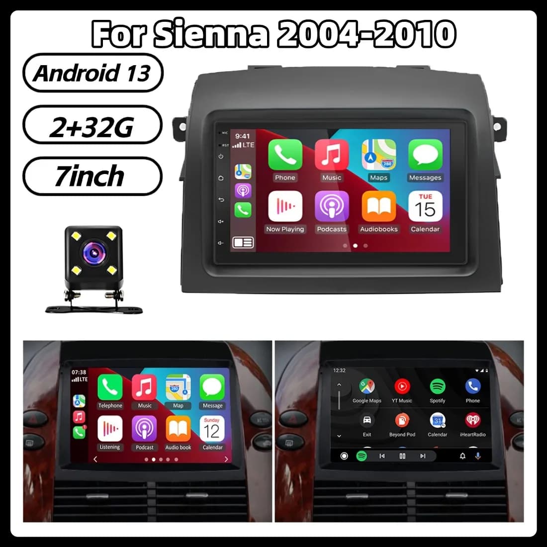Autoradio Android 13 da 7 pollici 2+32G con GPS e Navigazione per Sienna 2004-2010, Compatibile con Carplay, Android Auto, Bluetooth e WiFi