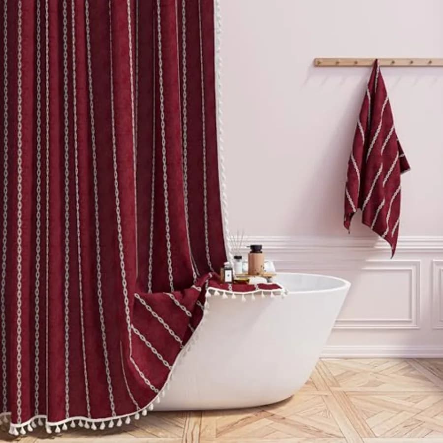 Boho Shower Curtain, Bohemian Linen Fabric Heavy Duty Striped Shower Curtain Set with Tassel, Water Repellent, Farmhouse Vintag