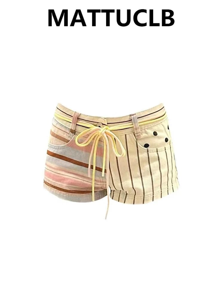 Summmr Women American Retro Striped Gyaru Kpop Jean Shorts Y2K Japanese Denim Hot Pants High Street Design Chic New 2000s Tide