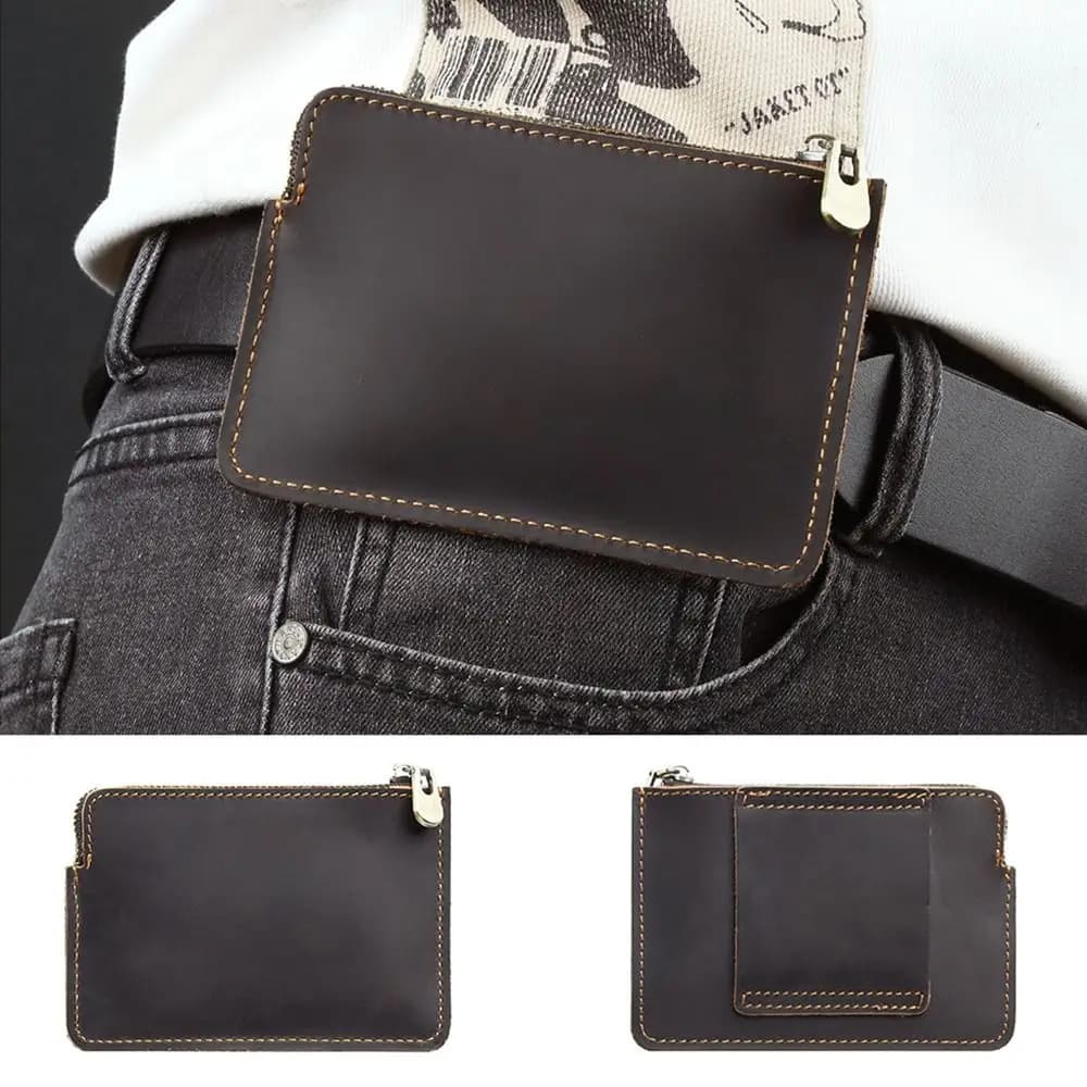 Genuine Leather Men's Short Wallet Ultrathin with Belt Loop Credit Card Holder Multi Purpose Portable Belt Hanging Money Pouch