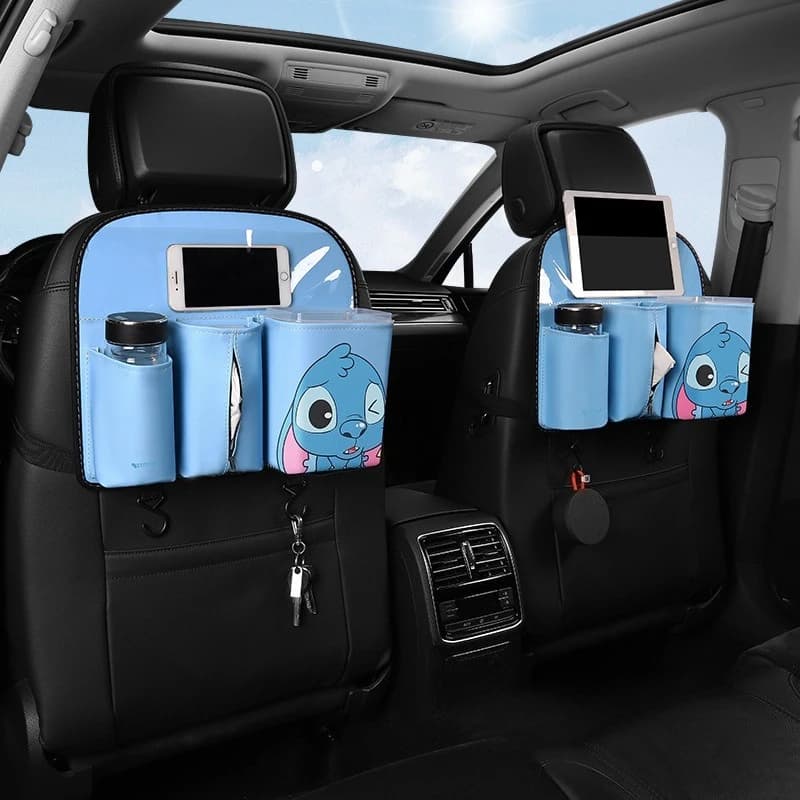 Borsa da appendere per riporre lo schienale del seggiolino auto in pelle Stitch Cartoon con supporto per tablet, pattumiera e tavolo per l'organizzazione dei veicoli