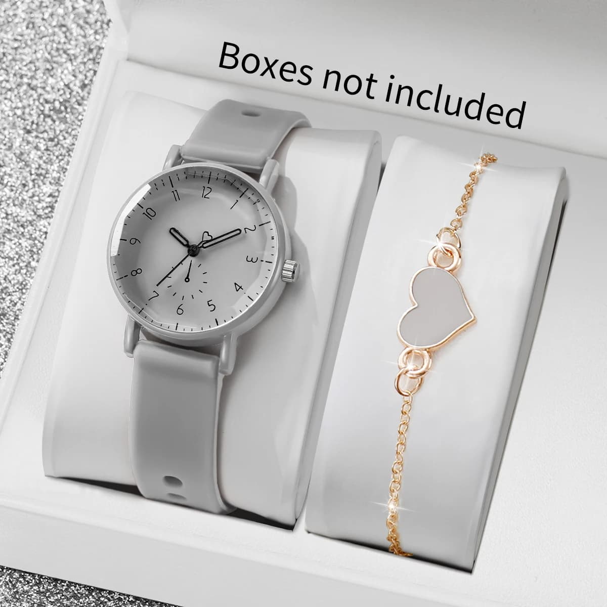 Set di 2 Orologi da Donna con Quadrante Arabo, Cinturino in Silicone, Movimento al Quarzo e Braccialetto a Cuore (Senza Scatola)
