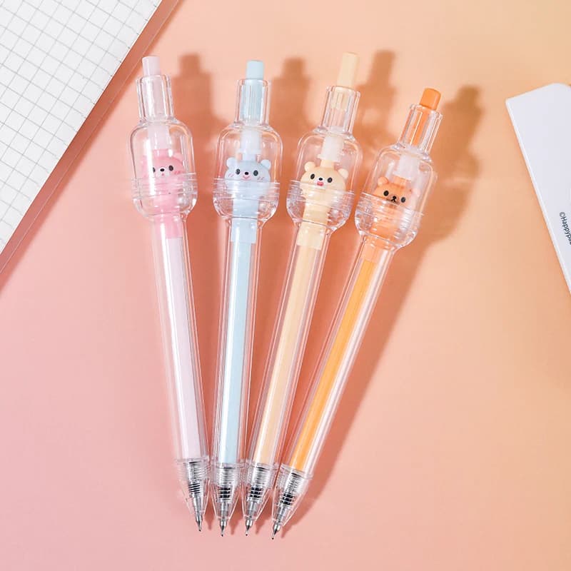 Set di 4 Penne Gel Rotanti a Forma di Orsetto Portafortuna, Penne Girevoli Antistress per Scrittura Fluida, per Scuola e Ufficio