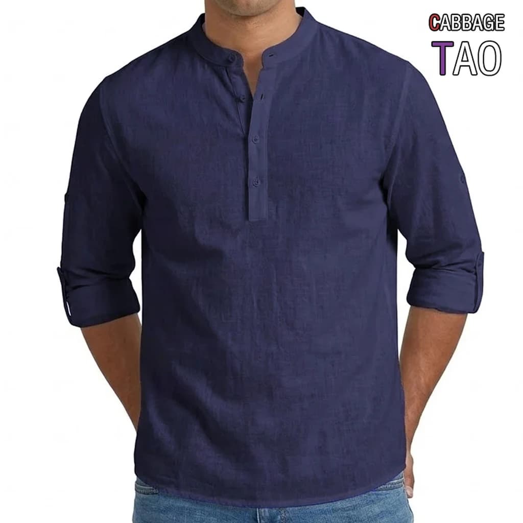 Camicie Premium in Misto Lino per Uomo, Maniche Lunghe, Stile Henley, T-Shirt Casual Estive Stile Hawaiano, Camicie Traspiranti in Cotone per Uomo
